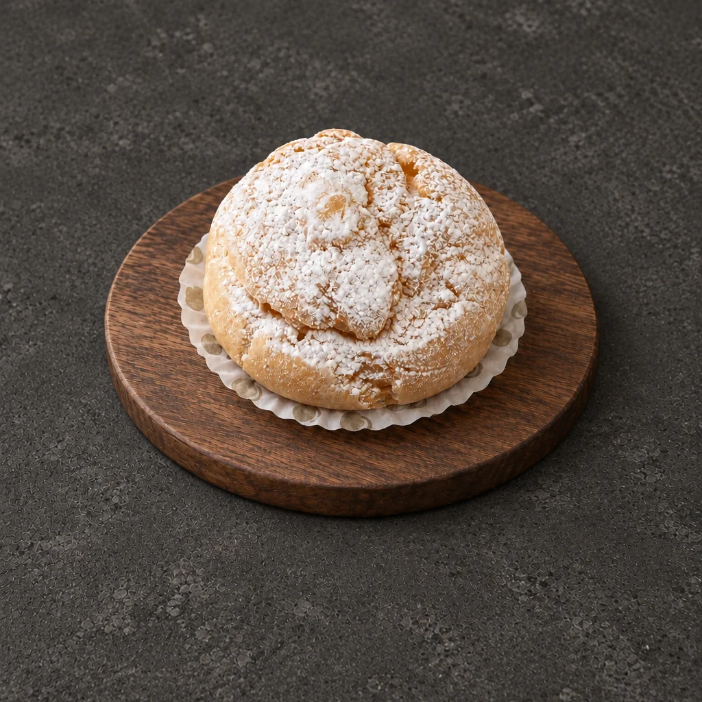 Round golden Cream Puff with a lightly dusted top