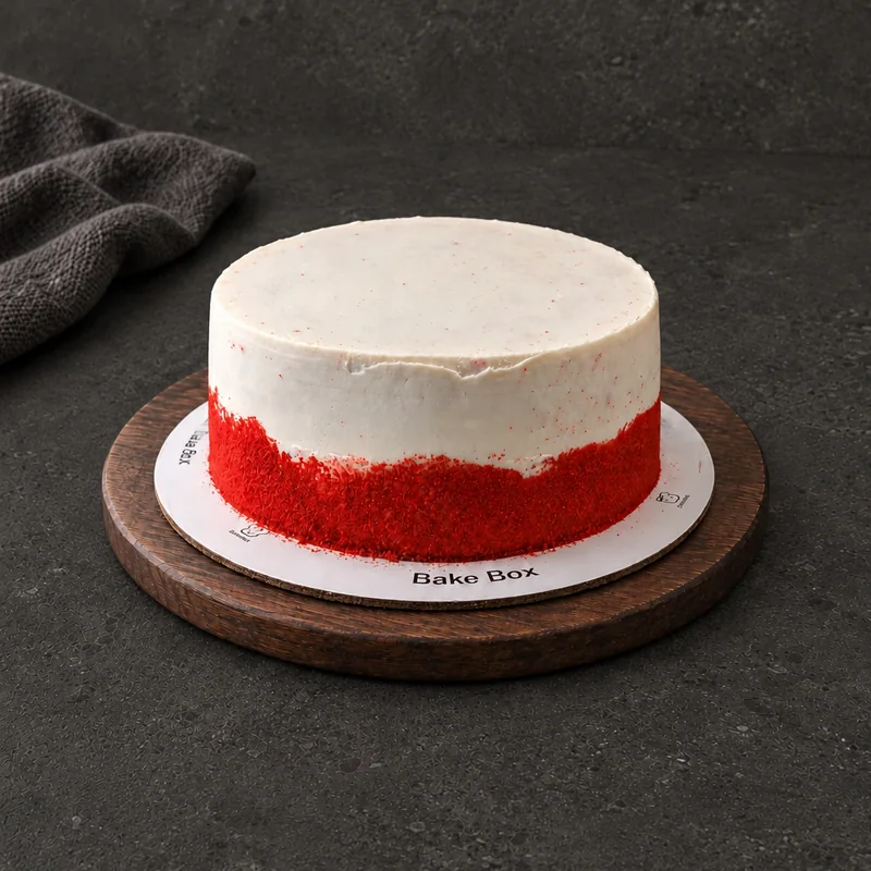Red Velvet cake with a pale top and red crumb band