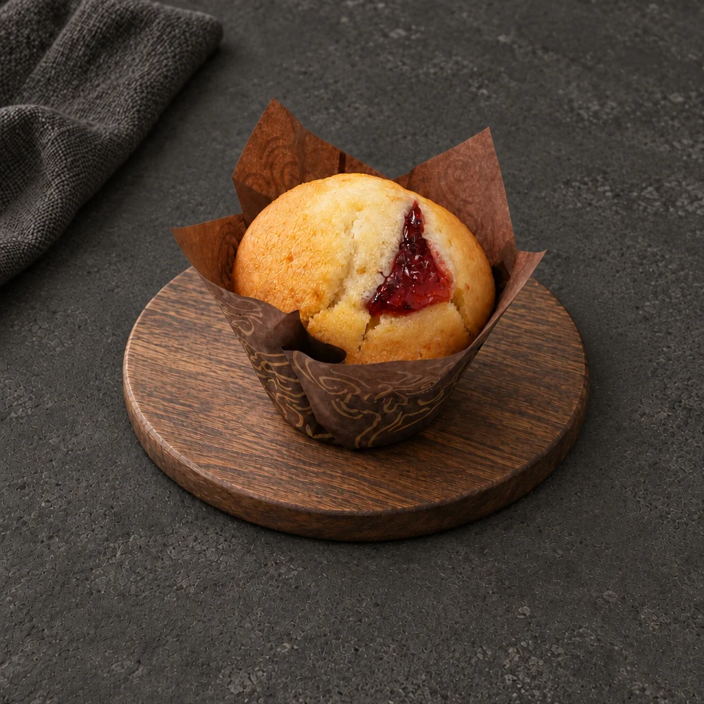 Golden Strawberry Muffin with a red centre in a tulip case