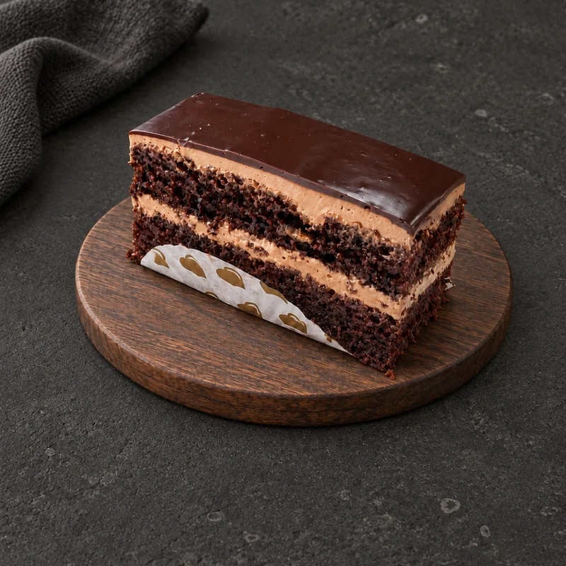 Chocolate Pastry with layered dark sponge and a glossy top