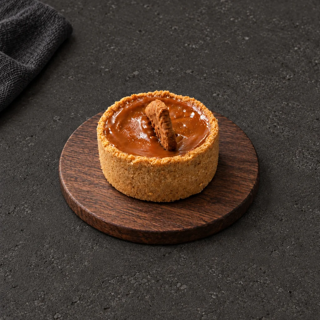 Lotus Mini Cheesecake with a golden topping and upright biscuit