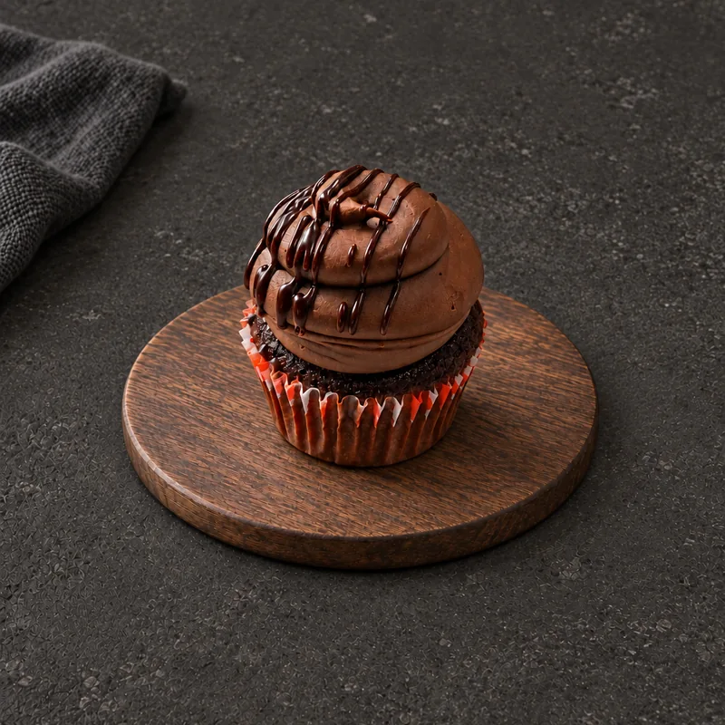 Chocolate Swirl Cupcake with tall frosting and dark drizzle